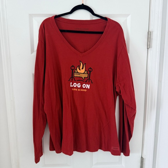 Life Is Good Tops - Life is Good Womens XXXL Red Log On Camp‎ Graphic Crusher Tee Long Sleeve V-Neck
